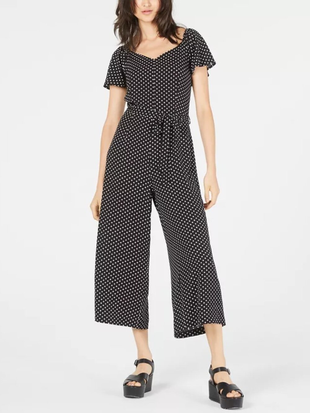 Petite black and white polkadot jumpsuit